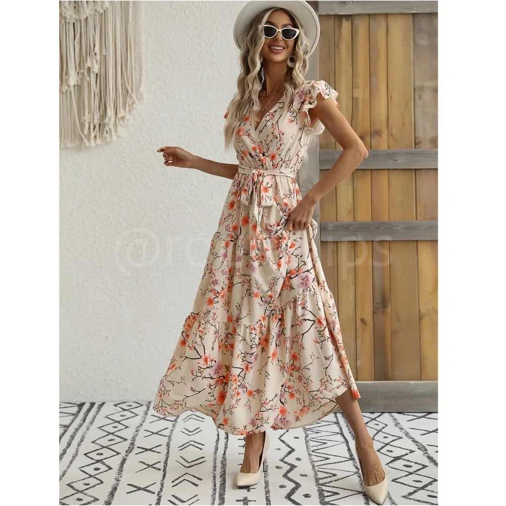 Floral Dress Surplice Overlapping V Neck Fit & Flare Maxi Long  Beige Tie Belt - Picture 6 of 9